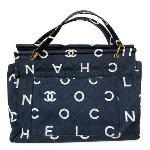 Vintage CHANEL black fabric canvas large tote bag with white Chanel CC logo print all over. Daily use bag. 060123ac13