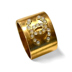 Vintage CHANEL gold tone thick type ring with white crystal CC mark. 060528k1m
