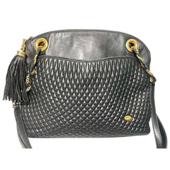 Vintage BALLY black quilted leather oval top shape shoulder bag with a fringe and golden B charm. Classic daily use design. 080819ys4