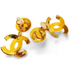 1990s Vintage CHANEL Large CC Dangle Earrings with Quilted Stitch Design. Gold-Tone Coco Mark Statement Jewelry. 080915ac1