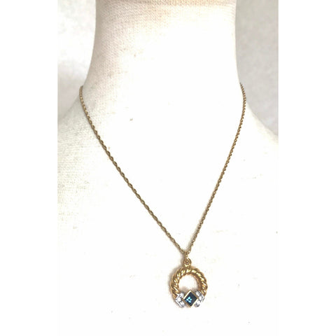 Vintage LANVIN golden skinny chain necklace with golden round pendant top. Clear crystals and green glass stone. Perfect gift. 050407r4