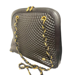 Vintage BALLY Black Quilted Lambskin Leather Shoulder Tote Bag Gold Logo Charms Chain Straps 080819ys3