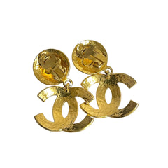 1990s Vintage CHANEL Large CC Dangle Earrings with Quilted Stitch Design. Gold-Tone Coco Mark Statement Jewelry. 080915ac1