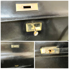 80's vintage BALLY black boxcalf leather kelly bag. Classic masterpiece handbag. 051203m1