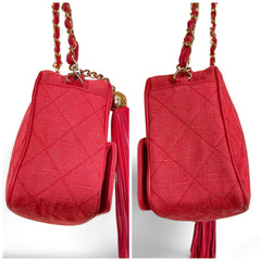 Vintage CHANEL red woven canvas camera bag style shoulder bag with a tassel and CC mark. Rare masterpiece. 060130ac5