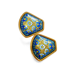 Vintage Hermes cloisonne enamel golden earrings with star and flower design on blue. Fan shape. 06402ac2