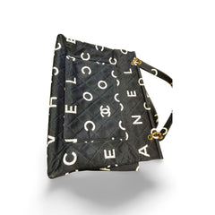 Vintage CHANEL black fabric canvas large tote bag with white Chanel CC logo print all over. Daily use bag. 060123ac13