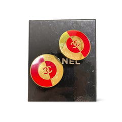 Vintage CHANEL red and gold round geometric design earrings with CC mark. Large earrings. 060116ac1