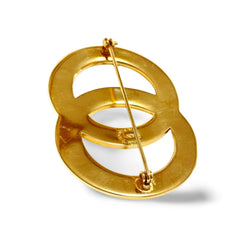 Vintage Celine golden brooch in double circle, round motif with embossed logo. Great vintage gift. Can be a scarf pin. 050929ya1