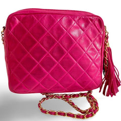 Vintage CHANEL Bright Pink / Fuchsia Lambskin Camera Style Chain Shoulder Bag with CC Stitched Flap and Tassel. Collectible Purse. 050919ac2