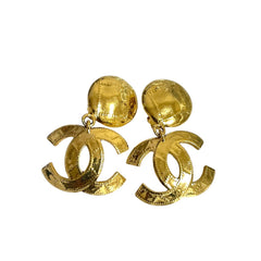 1990s Vintage CHANEL Large CC Dangle Earrings with Quilted Stitch Design. Gold-Tone Coco Mark Statement Jewelry. 080915ac1