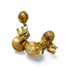 Vintage Celine golden round frame faux pearl dangle earrings with triomphe and golden ball charm. 060114ya2