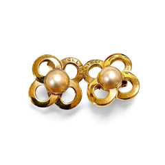 Vintage Celine golden clover, flower earrings with faux pearl. Classic jewelry piece back in the era. 060123ac12