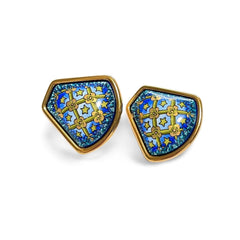 Vintage Hermes cloisonne enamel golden earrings with star and flower design on blue. Fan shape. 06402ac2