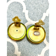 Vintage CHANEL yellow orange tone aurora resin earrings with Chanel iconic charms. Golden shoe, camellia, and CC mark in it. 041228an1