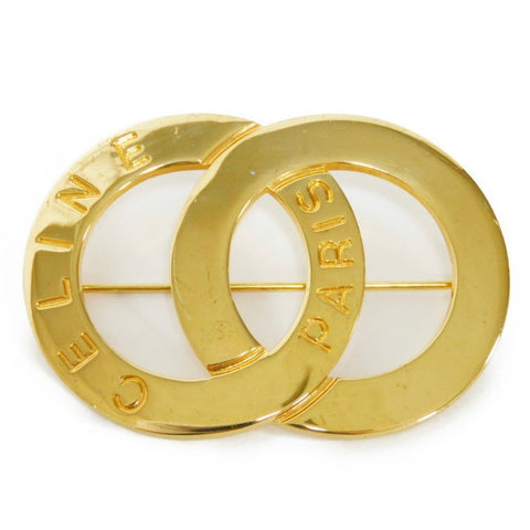 Vintage Celine golden brooch in double circle, round motif with embossed logo. Great vintage gift. Can be a scarf pin. 050929ya1