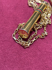 Vintage Gucci golden stick perfume bottle necklace with webbing, green and red color. Unisex. Best vintage jewelry. 050527ya2