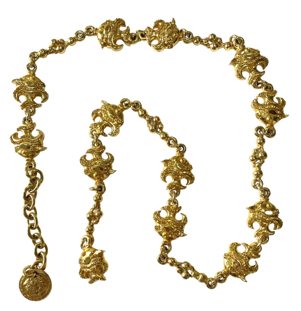Vintage Gianni Versace golden chain necklace with fish and Medusa charms and yellow crystals. Can be a belt as well. 050719ya1