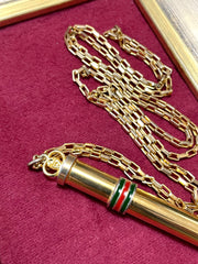 Vintage Gucci golden stick perfume bottle necklace with webbing, green and red color. Unisex. Best vintage jewelry. 050527ya2