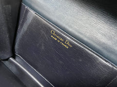 Vintage Christian Dior navy leather clutch purse, mini bag with golden motif and chain strap. 050327rc5