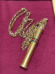 Vintage Gucci golden stick perfume bottle necklace with webbing, green and red color. Unisex. Best vintage jewelry. 050527ya2