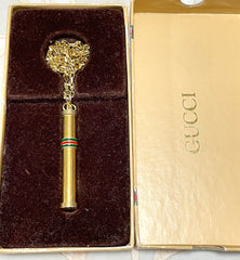 Vintage Gucci golden stick perfume bottle necklace with webbing, green and red color. Unisex. Best vintage jewelry. 050527ya2