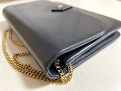 Vintage Christian Dior navy leather clutch purse, mini bag with golden motif and chain strap. 050327rc5