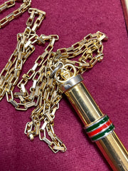Vintage Gucci golden stick perfume bottle necklace with webbing, green and red color. Unisex. Best vintage jewelry. 050527ya2