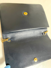 Vintage Christian Dior navy leather clutch purse, mini bag with golden motif and chain strap. 050327rc5