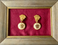 Vintage Gianni Versace medusa face motif dangle earrings with white medusa and black medusa. Lady Gaga style jewelry piece. 050601ya3