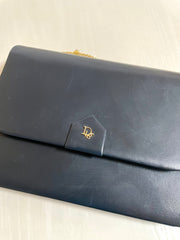 Vintage Christian Dior navy leather clutch purse, mini bag with golden motif and chain strap. 050327rc5