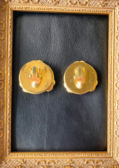 Vintage CHANEL large golden round earrings with faux pearl and CC motifs. Big size earrings. 050601ya4