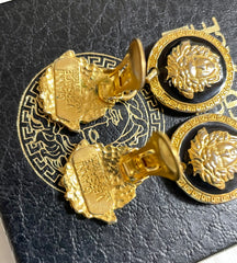 Vintage Gianni Versace medusa face motif dangle earrings with white medusa and black medusa. Lady Gaga style jewelry piece. 050601ya3
