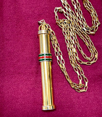 Vintage Gucci golden stick perfume bottle necklace with webbing, green and red color. Unisex. Best vintage jewelry. 050527ya2