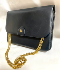 Vintage Christian Dior navy leather clutch purse, mini bag with golden motif and chain strap. 050327rc5