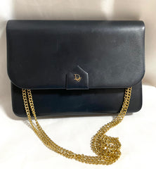 Vintage Christian Dior navy leather clutch purse, mini bag with golden motif and chain strap. 050327rc5