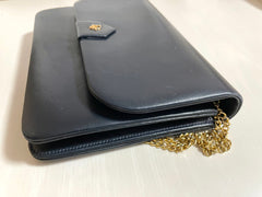 Vintage Christian Dior navy leather clutch purse, mini bag with golden motif and chain strap. 050327rc5