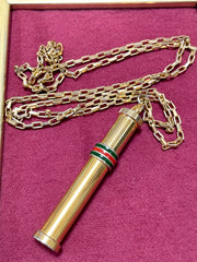 Vintage Gucci golden stick perfume bottle necklace with webbing, green and red color. Unisex. Best vintage jewelry. 050527ya2