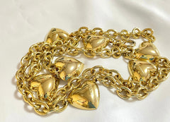 W2 Vintage Moschino golden chain belt with logo embossed heart charms. Can be necklace too. Chic and mod accessory piece. 0407211re5