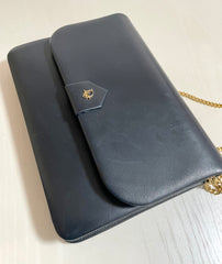 Vintage Christian Dior navy leather clutch purse, mini bag with golden motif and chain strap. 050327rc5