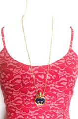 W2 80’s vintage Gucci golden chain long necklace with navy motif perfume bottle. Rare Gucci vintage jewelry. 050527ya1