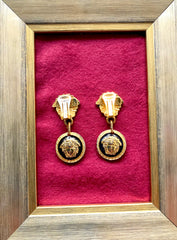 Vintage Gianni Versace medusa face motif dangle earrings with white medusa and black medusa. Lady Gaga style jewelry piece. 050601ya3