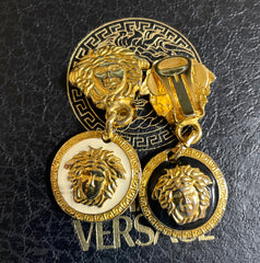 Vintage Gianni Versace medusa face motif dangle earrings with white medusa and black medusa. Lady Gaga style jewelry piece. 050601ya3