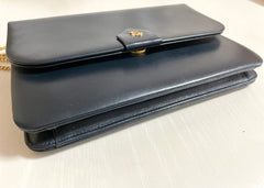 Vintage Christian Dior navy leather clutch purse, mini bag with golden motif and chain strap. 050327rc5
