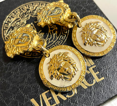 Vintage Gianni Versace medusa face motif dangle earrings with white medusa and black medusa. Lady Gaga style jewelry piece. 050601ya3