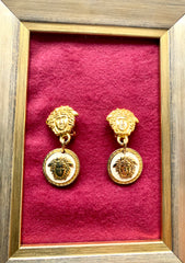 Vintage Gianni Versace medusa face motif dangle earrings with white medusa and black medusa. Lady Gaga style jewelry piece. 050601ya3