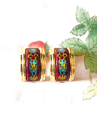 Vintage Hermes cloisonne golden earrings with red and yellow chain, medal charm, H logo jewelry print design. Great gift idea.