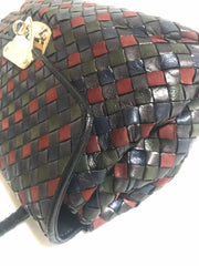 Vintage Bottega Veneta black, navy, wine, green, multicolor intrecciato woven leather handbag. Rare masterpiece.