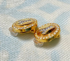 MINT. Vintage Yves Saint Laurent golden Y logo round earring with crystals. Must have classic jewelry piece. 0410061