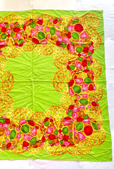 Vintage Chanel lime green scarf with gold, red, pink, green, colorful gripoix jewelry print. Large silk scarf. Gorgeous wrapping.050131ya1